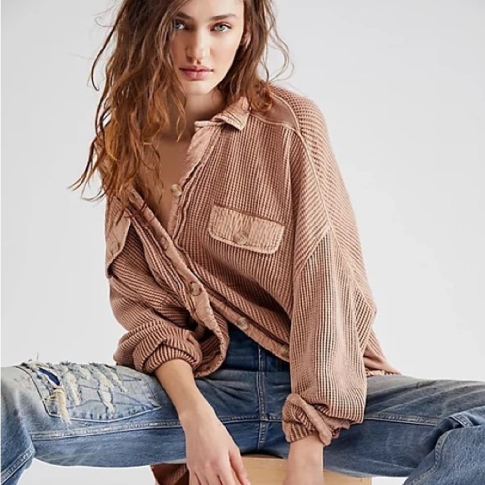 Free People Tan Waffle Knit Top